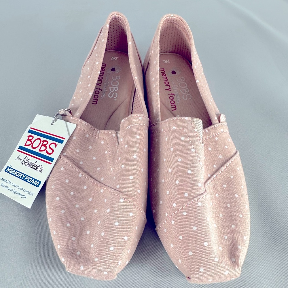 NWT BOBS by Skechers Pink Polka Dot Alpargata Flats Memory Foam Canvas Shoes Sz6